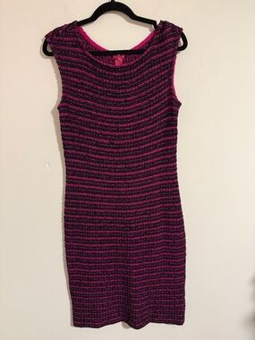 St. John evening pink black tweed stripe Santana knit sheath midi dress size 8